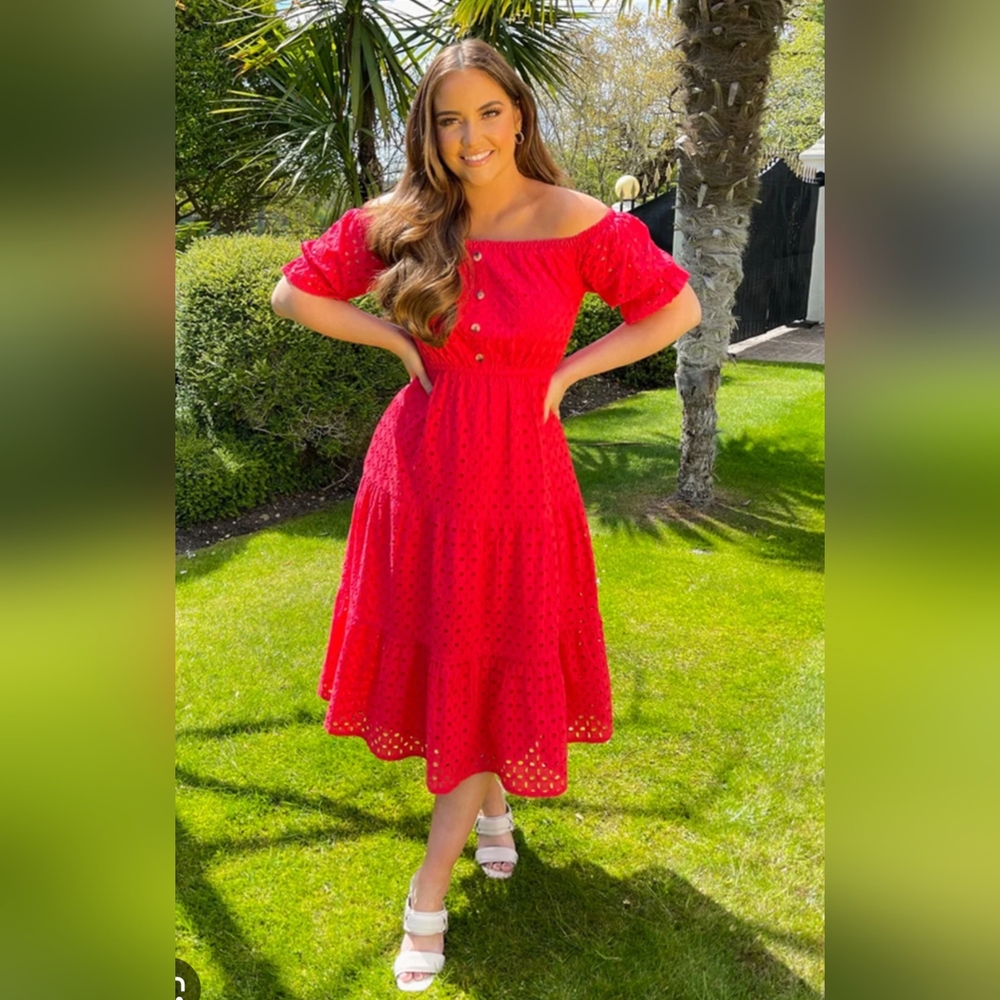 JAC JOSSA RED BRODERIE ANGLAISE BARDOT TIERED MIDI DRESS